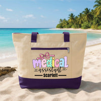 Personalized Medical Assistant Tote Bag with Zipper, Custom Name Canvas Tote, Colorful Bow Design, Hospital Shift Bag, Medical Worker Gift