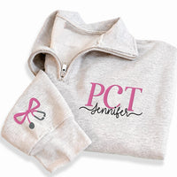 Personalized PCT Embroidered Quarter Zip Sweatshirt, Custom Name Pullover, Medical Team Apparel, Patient Care Technician, Employee Gift