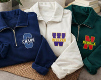 Personalized School Mascot Embroidered Quarter Zip Sweatshirt, Team Spirit Pullover, Varsity Letter Layer, Game Day Top, Custom Team Gift