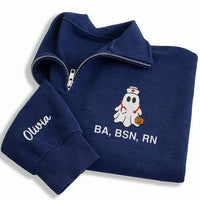 Personalized Nurse Embroidered Quarter Zip Sweatshirt, Custom Ghost RN Pullover, Medical Team Apparel, Halloween Work Layer, Gift for RN