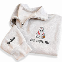 Personalized Nurse Embroidered Quarter Zip Sweatshirt, Custom Ghost RN Pullover, Medical Team Apparel, Halloween Work Layer, Gift for RN