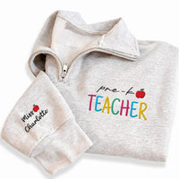 Pre-K Teacher Embroidered Quarter Zip Sweatshirt, Custom Name Pullover, Preschool Teacher Gift, Classroom Layer, Back to School Gift