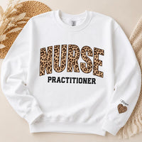 Personalized Nurse Practitioner Sweatshirt, Custom Leopard Print NP Crewneck, Name Pullover, Nurses Week Gift, Gift for NP, Front Sleeve