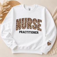 Personalized Nurse Practitioner Sweatshirt, Custom Leopard Print NP Crewneck, Name Pullover, Nurses Week Gift, Gift for NP, Front Sleeve