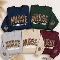Personalized Nurse Practitioner Sweatshirt, Custom Leopard Print NP Crewneck, Name Pullover, Nurses Week Gift, Gift for NP, Front Sleeve