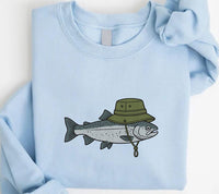 Funny Fishing Embroidered Sweatshirt, Fish Wearing Bucket Hat Hoodie, Lake Life Shirt, Cute Angler Crewneck, Fishing Lover Gift Idea