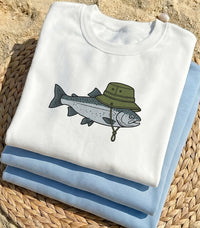 Funny Fishing Embroidered Sweatshirt, Fish Wearing Bucket Hat Hoodie, Lake Life Shirt, Cute Angler Crewneck, Fishing Lover Gift Idea