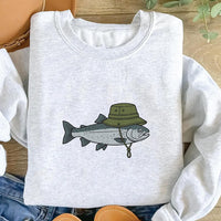 Funny Fishing Embroidered Sweatshirt, Fish Wearing Bucket Hat Hoodie, Lake Life Shirt, Cute Angler Crewneck, Fishing Lover Gift Idea