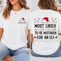 Personalized Most Likely To Christmas Shirt, Custom Name Santa Challenge Tee, Funny Front Back Print, Holiday Party Outfit, Christmas Gift