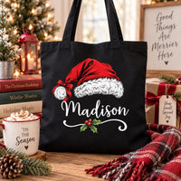 Personalized Christmas Canvas Tote Bag, Custom Name Santa Hat Tote Bag, Holiday Shopper Bag, Statement Tote Bag, Christmas Gift for Her