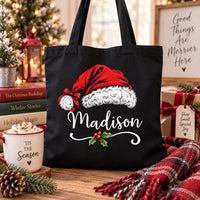 Personalized Christmas Canvas Tote Bag, Custom Name Santa Hat Tote Bag, Holiday Shopper Bag, Statement Tote Bag, Christmas Gift for Her