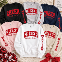 Custom Cheer Mom Puff Print Sweatshirt, Personalized Sleeve Name Hoodie, Squad Puff Shirt, Raised 3D Game Day Spirit Wear, Cheer Mom Gift