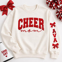 Custom Cheer Mom Puff Print Sweatshirt, Personalized Sleeve Name Hoodie, Squad Puff Shirt, Raised 3D Game Day Spirit Wear, Cheer Mom Gift