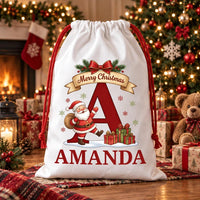 Personalized Initial Santa Sack, Christmas Toy Sack with Name, Large Reusable Kids Holiday Bag, Named Santa Gift Bag, Kids Christmas Gift