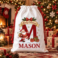 Personalized Initial Santa Sack, Christmas Toy Sack with Name, Large Reusable Kids Holiday Bag, Named Santa Gift Bag, Kids Christmas Gift
