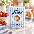 Personalized New Dad Coffee Mug, Custom Baby Photo Ceramic Mug, Good Morning Dad Blue Stripe Cup, Daily Office Cup, Father's Day Gift