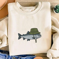 Funny Fishing Embroidered Sweatshirt, Fish Wearing Bucket Hat Hoodie, Lake Life Shirt, Cute Angler Crewneck, Fishing Lover Gift Idea