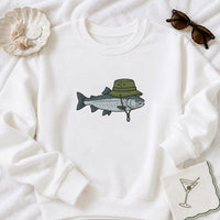 Funny Fishing Embroidered Sweatshirt, Fish Wearing Bucket Hat Hoodie, Lake Life Shirt, Cute Angler Crewneck, Fishing Lover Gift Idea