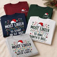 Personalized Most Likely To Christmas Shirt, Custom Name Santa Challenge Tee, Funny Front Back Print, Holiday Party Outfit, Christmas Gift