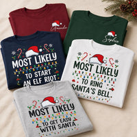 Personalized Most Likely To Christmas Shirt, Custom Name Santa Challenge Tee, Funny Front Back Print, Holiday Party Outfit, Christmas Gift
