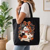 Personalized Halloween Ghost Canvas Tote Bag, Spooky Book Lover Bag, Custom Name Trick or Treat Tote, Book Lover Tote Bag, Bookish Gift