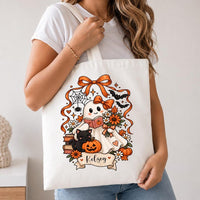Personalized Halloween Ghost Canvas Tote Bag, Spooky Book Lover Bag, Custom Name Trick or Treat Tote, Book Lover Tote Bag, Bookish Gift