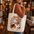Personalized Halloween Ghost Canvas Tote Bag, Spooky Book Lover Bag, Custom Name Trick or Treat Tote, Book Lover Tote Bag, Bookish Gift