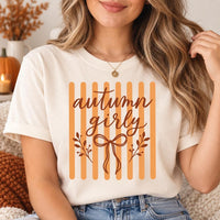 Autumn Girly Thanksgiving Shirt, Cute Fall Bow Graphic Tee, Pumpkin Orange Striped T Shirt, Cozy Harvest Season Outfit, Thanksgiving Gift