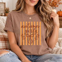 Autumn Girly Thanksgiving Shirt, Cute Fall Bow Graphic Tee, Pumpkin Orange Striped T Shirt, Cozy Harvest Season Outfit, Thanksgiving Gift