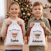 Personalized Reindeer Santa Sack, Christmas Toy Sack with Name, Large Drawstring Bag for Kids, Reindeer Santa Gift Bag, Holiday Keepsake