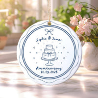 Custom Anniversary Ceramic Ornament, Couple Names and Date Keepsake, Wedding Cake Design, Couple Christmas Ornament, Newlywed Gift