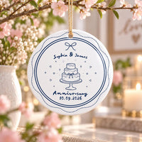 Custom Anniversary Ceramic Ornament, Couple Names and Date Keepsake, Wedding Cake Design, Couple Christmas Ornament, Newlywed Gift