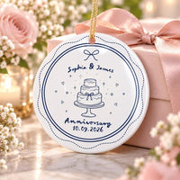 Custom Anniversary Ceramic Ornament, Couple Names and Date Keepsake, Wedding Cake Design, Couple Christmas Ornament, Newlywed Gift