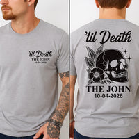 Personalized Til Death Couple Shirt, Custom Last Name Date Tee, Gothic Skull Hoodie, Halloween Wedding Shirt, Anniversary Gift, Front Back