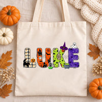 Personalized Halloween Canvas Tote Bag, Custom Name Trick or Treat Bag, Spooky Name Bag, Reusable Cotton Tote, Halloween Party Gift