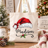 Personalized Christmas Canvas Tote Bag, Custom Name Santa Hat Tote Bag, Holiday Shopper Bag, Statement Tote Bag, Christmas Gift for Her