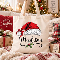 Personalized Christmas Canvas Tote Bag, Custom Name Santa Hat Tote Bag, Holiday Shopper Bag, Statement Tote Bag, Christmas Gift for Her