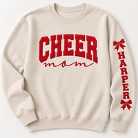 Custom Cheer Mom Puff Print Sweatshirt, Personalized Sleeve Name Hoodie, Squad Puff Shirt, Raised 3D Game Day Spirit Wear, Cheer Mom Gift