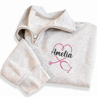 Personalized Nurse Embroidered Quarter Zip Sweatshirt, Custom Name Pullover, Scrub Layering Top, Hospital Shift Wear, Nurses Week Gift