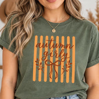 Autumn Girly Thanksgiving Shirt, Cute Fall Bow Graphic Tee, Pumpkin Orange Striped T Shirt, Cozy Harvest Season Outfit, Thanksgiving Gift