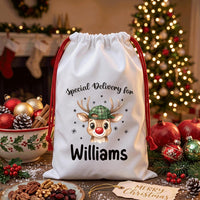 Personalized Reindeer Santa Sack, Christmas Toy Sack with Name, Large Drawstring Bag for Kids, Reindeer Santa Gift Bag, Holiday Keepsake