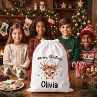 Personalized Reindeer Santa Sack, Christmas Toy Sack with Name, Large Drawstring Bag for Kids, Reindeer Santa Gift Bag, Holiday Keepsake