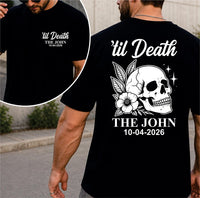 Personalized Til Death Couple Shirt, Custom Last Name Date Tee, Gothic Skull Hoodie, Halloween Wedding Shirt, Anniversary Gift, Front Back