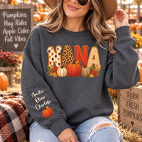 Personalized Nana Fall Sweatshirt, Custom Grandkids Names Shirt, Pumpkin Nana Shirt, Autumn Grandma Pullover, Gift for Grandma, Front Sleeve