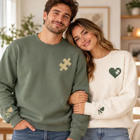 Personalized Couple Embroidered Sweatshirt, His and Hers Crewneck, Puzzle Heart Initial Sleeve Shirt, Matching Gift, Anniversary Gift
