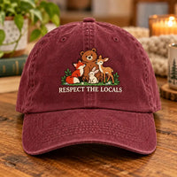 Personalized Respect the Locals Embroidered Hat, Custom Woodland Animal Baseball Cap, Low Profile Dad Hat, Nature Gift, Everyday Cap Gift