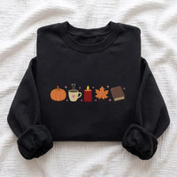 Fall Embroidered Sweatshirt, Custom Fall Icon Embroidered Hoodie, Pumpkin Coffee Leaf Crewneck, Holiday Stitched Shirt, Cozy Autumn Gift