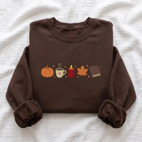 Fall Embroidered Sweatshirt, Custom Fall Icon Embroidered Hoodie, Pumpkin Coffee Leaf Crewneck, Holiday Stitched Shirt, Cozy Autumn Gift