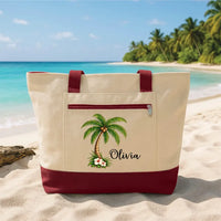 Personalized Palm Tree Beach Tote Bag, Custom Name Canvas Tote, Hibiscus Flower Summer Carryall, Vacation Shoulder Bag, Gift for Her