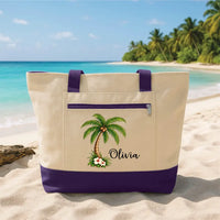 Personalized Palm Tree Beach Tote Bag, Custom Name Canvas Tote, Hibiscus Flower Summer Carryall, Vacation Shoulder Bag, Gift for Her